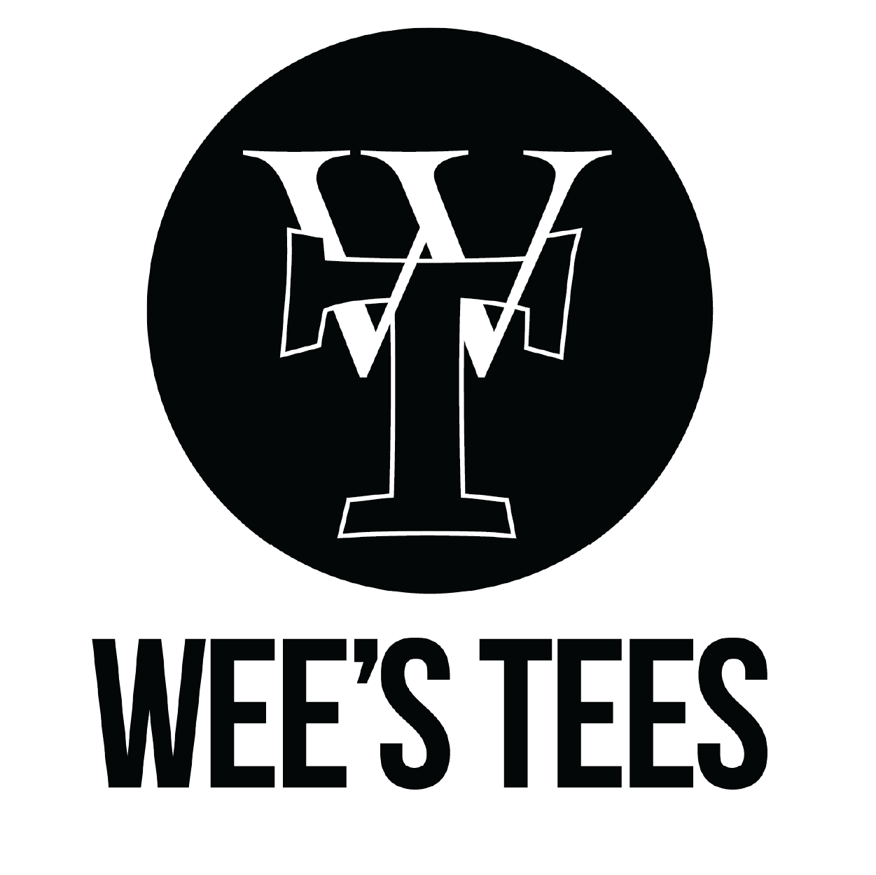 Black-and-white WEE’S TEES logo with a stylized WT monogram in a circle