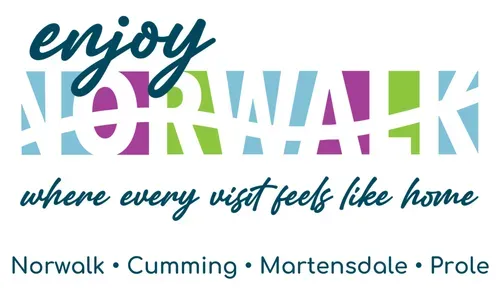 Colorful “Norwalk” tourism logo with “enjoy where every visit feels like home” and city names below