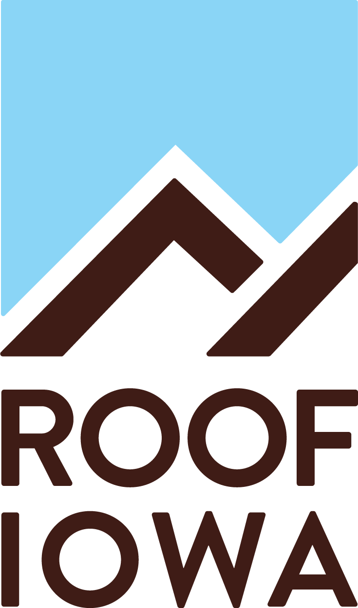 Roof Iowa logo with brown roof shapes on a light blue background