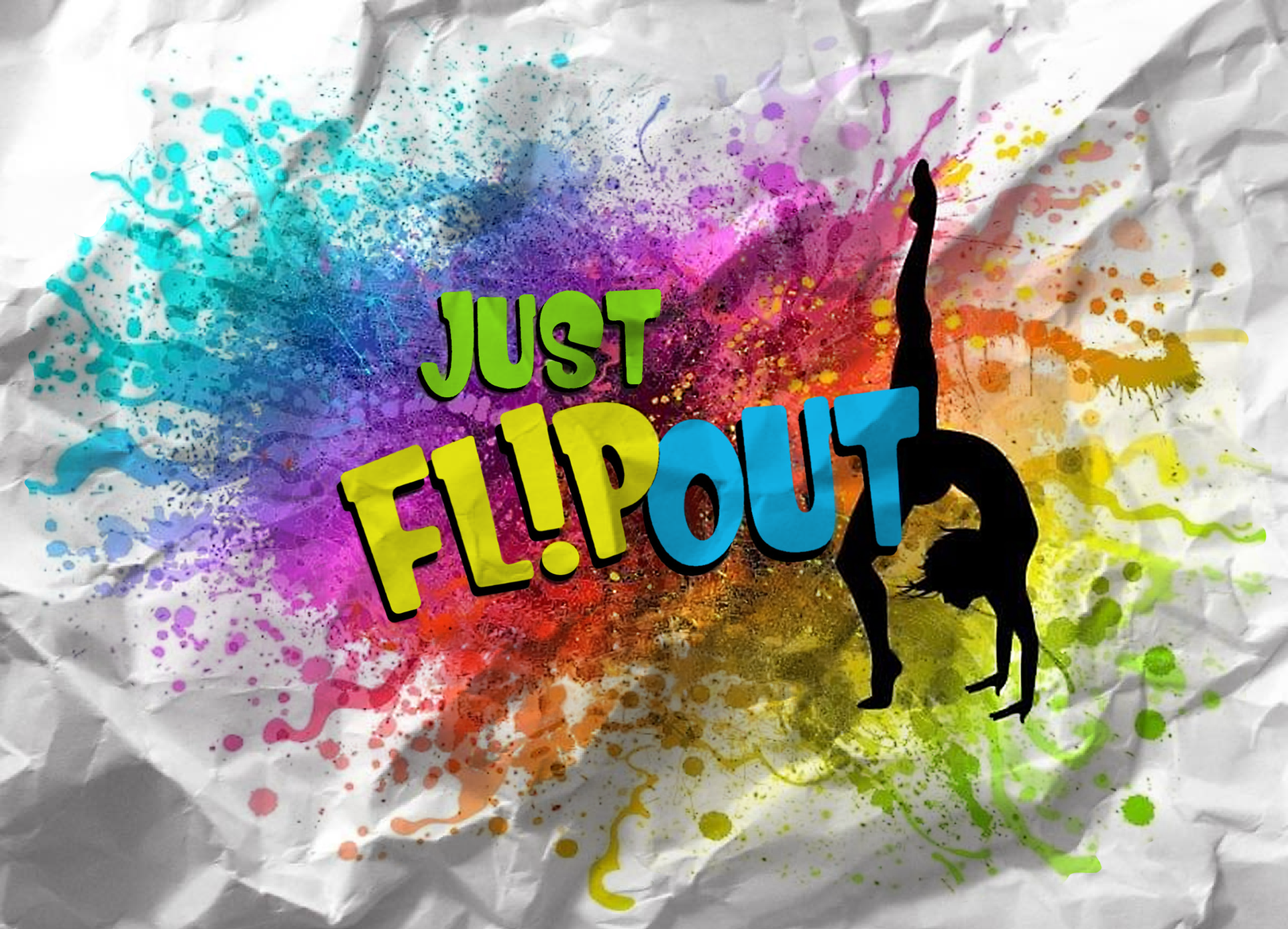 A logo for just flipout with a silhouette of a person doing a handstand
