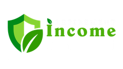 A logo for income with a shield and leaves on a white background.