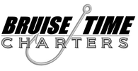 A black and white logo for bruise time charters with a hook in the middle.