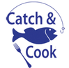 A logo for catch and cook with a fish on a hook and a fork.