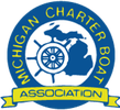 The logo for the Michigan Charter Boat Association shows a steering wheel and a map of Michigan.