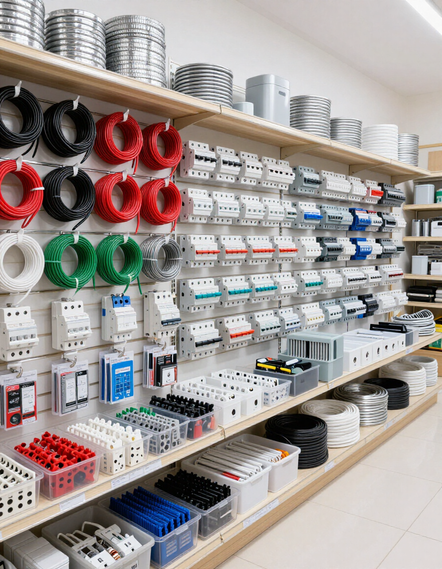 Materiales eléctricos organizados en mostrador