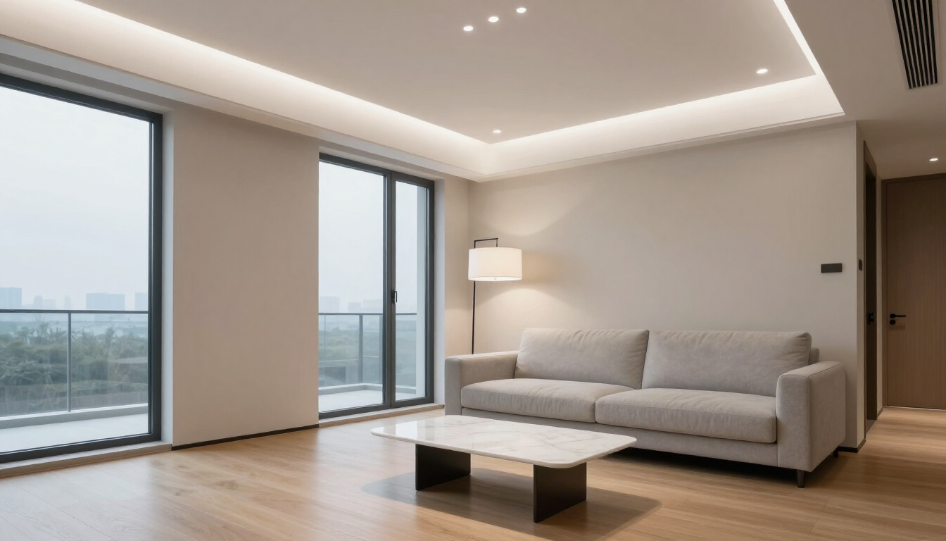 Sala de estar moderna con sofá gris, mesa de centro, lámpara de pie y grandes ventanales que dan al balcón.