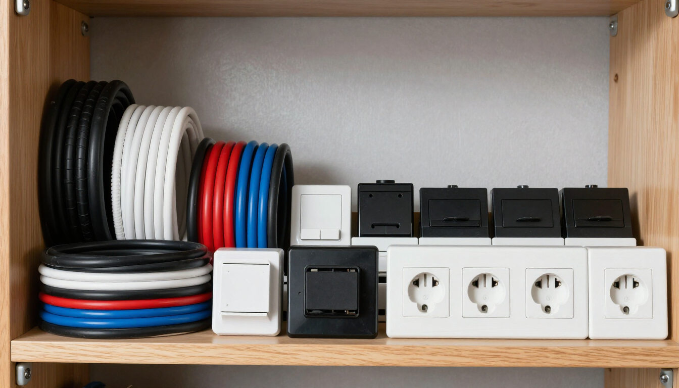 Estantería con cables, enchufes, adaptadores y tomas de corriente blancas perfectamente organizados en un armario de madera.