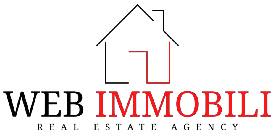 Logo di Web Immobiliare con contorno di una casa e testo nero e rosso