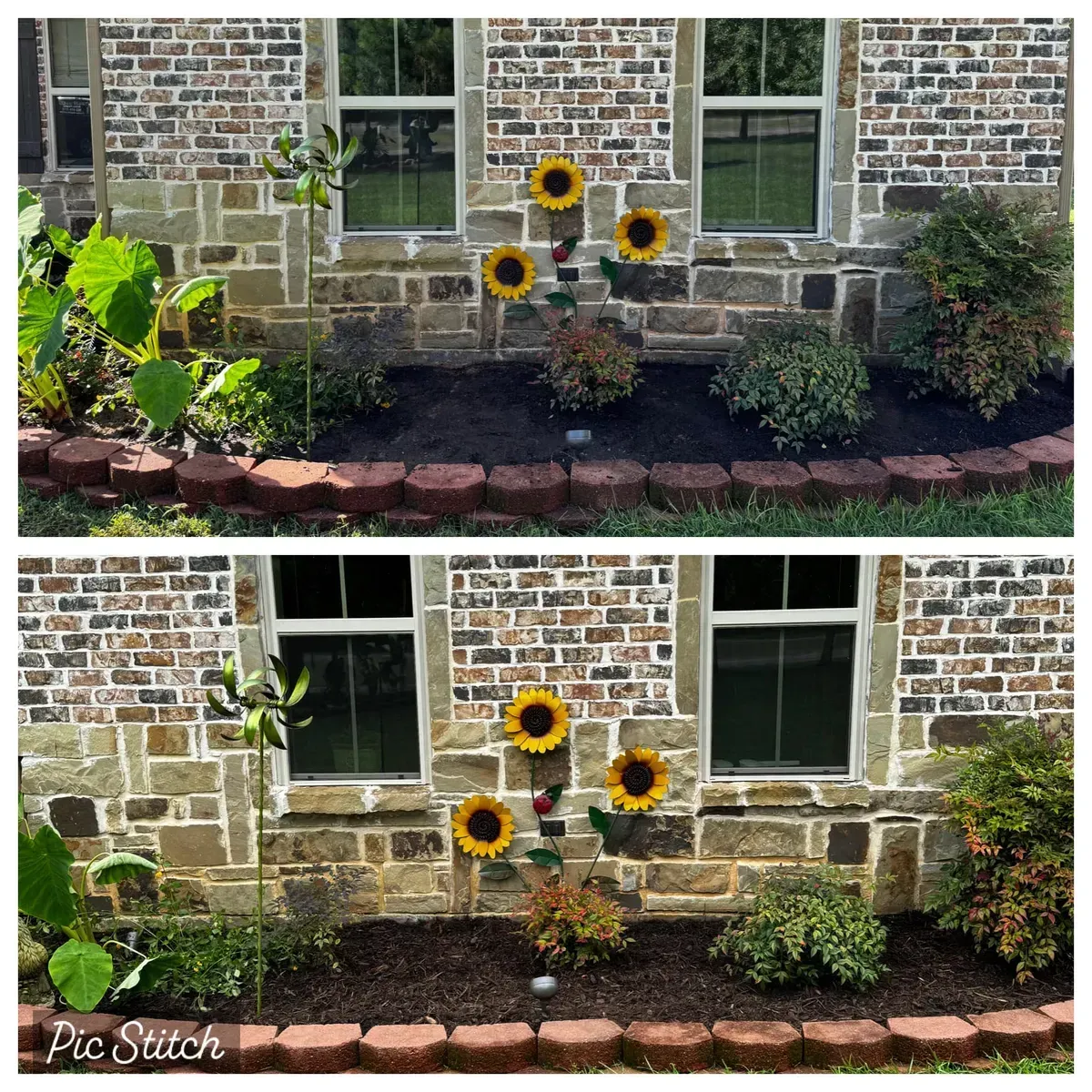 Two pictures of a brick house with sunflowers in front of it