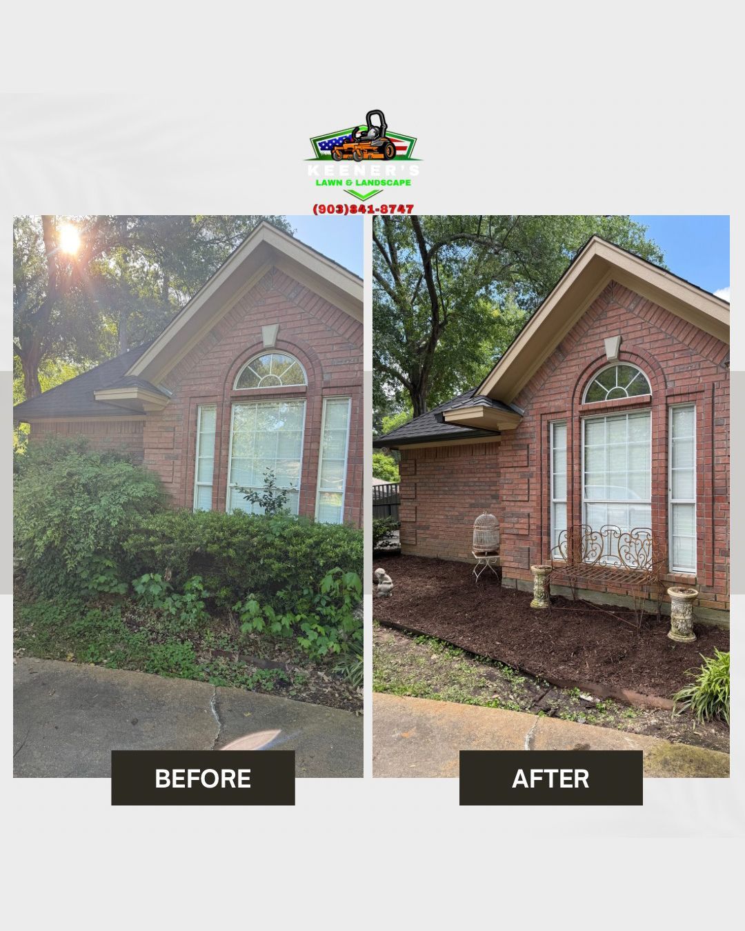 Before and after of a house with overgrown landscaping, replaced with fresh mulch and trimmed bushes.