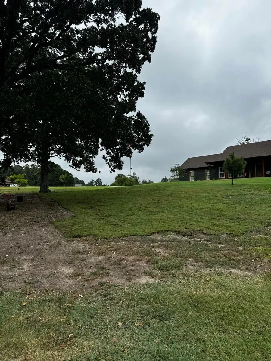 A large grassy field with a house in the background