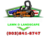 Logo for lawn care service with a riding mower and phone number.