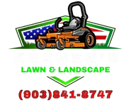 Logo for lawn care service with a riding mower and phone number.