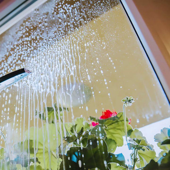Rain-streaked window above red flowers and green leaves in a bright indoor setting