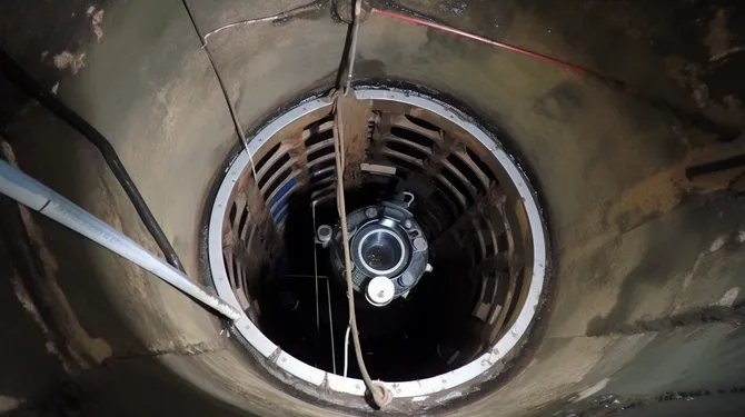 Inside view of a cylindrical structure. A camera is suspended, looking down into the dark opening. Metal framework is visible.