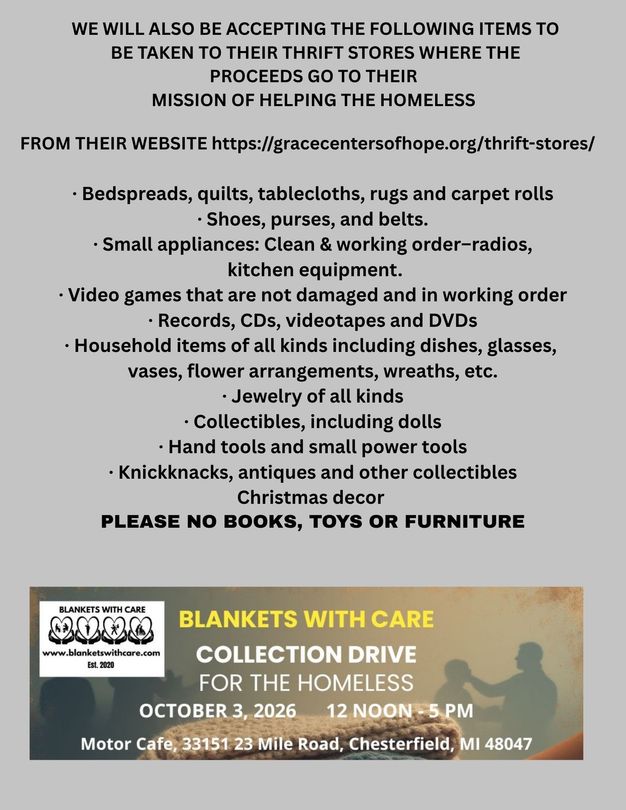 Donation drive flyer listing accepted household goods and blankets with care collection date, time, and location.