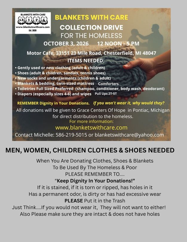 Flyer for “Blankets With Care” collecting drive, Oct. 12, 2020, with photo of blankets and donation details.