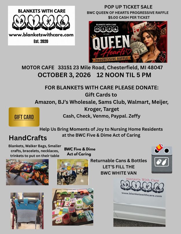 Flyer for “Blankets with Care” donation drive at Thorntedale, IL, Oct. 3, 2024, noon–3 PM, with giveaway details.
