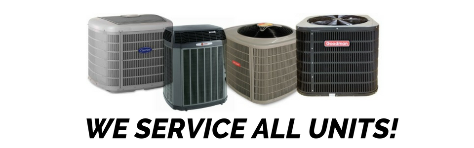 Four outdoor HVAC units of different makes and colors arranged side-by-side with the text: WE SERVICE ALL UNITS!