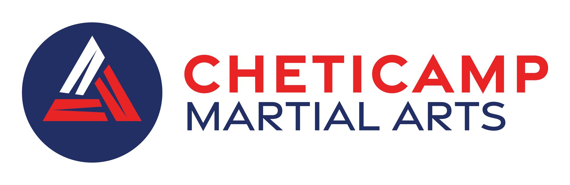 Logo for Chetichamp Martial Arts. Red and white triangle in a dark blue circle, with red text: CHETICAMP, MARTIAL ARTS.