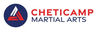 Logo for Chetichamp Martial Arts. Red and white triangle in a dark blue circle, with red text: CHETICAMP, MARTIAL ARTS.