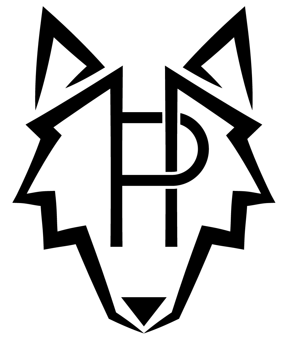 Black outlined wolf head logo with the letters H and D centered inside