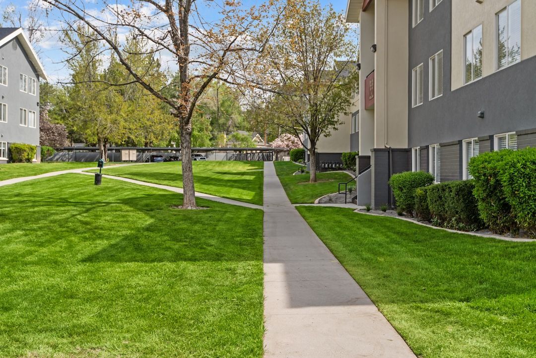Apartment complex walkway beside green lawn and trees on a sunny day