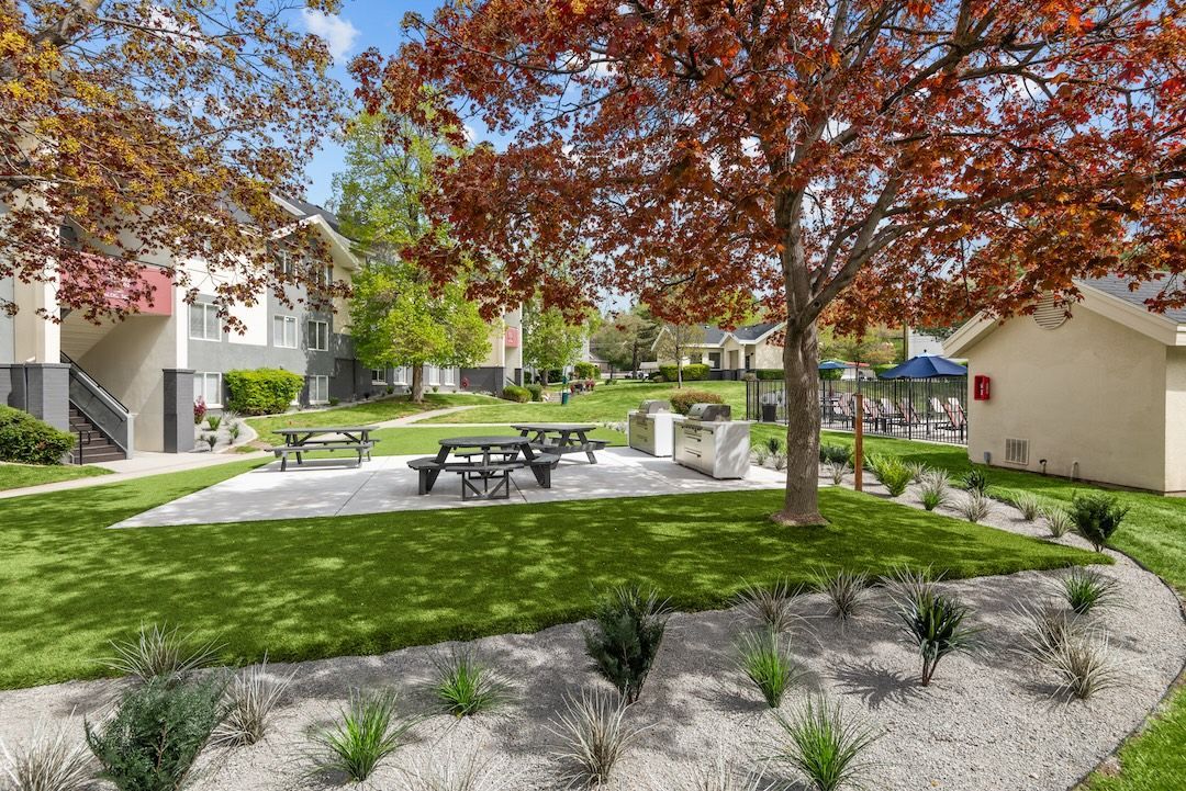 Apartment courtyard with picnic tables, green lawn, trees, and landscaped walkways.