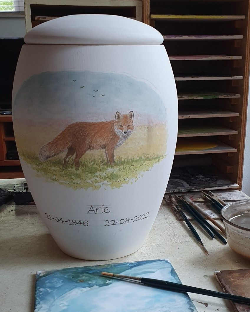cremation urn fox hand painted 