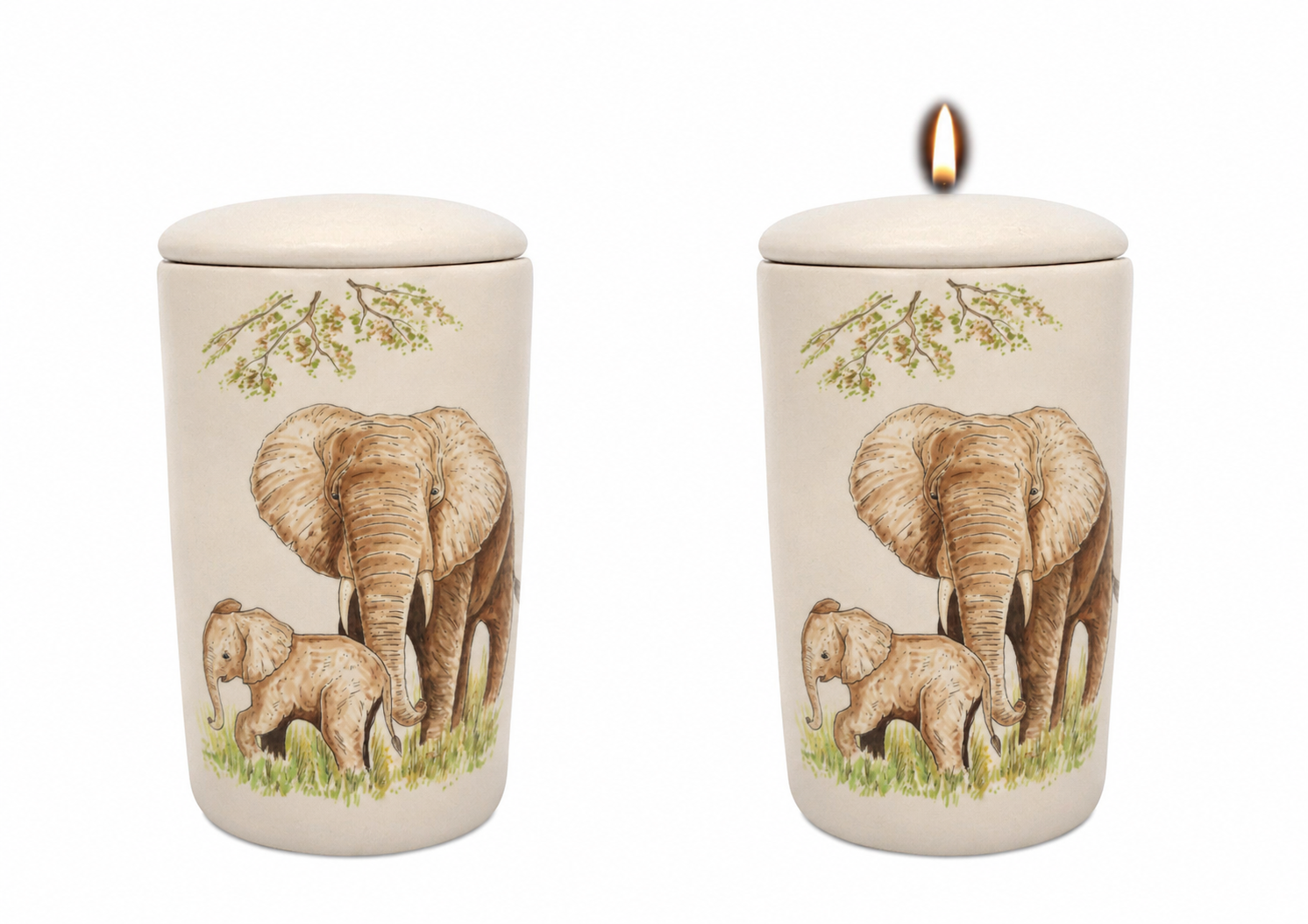 Cilinder urn Olifant met jong
hand beschilderd