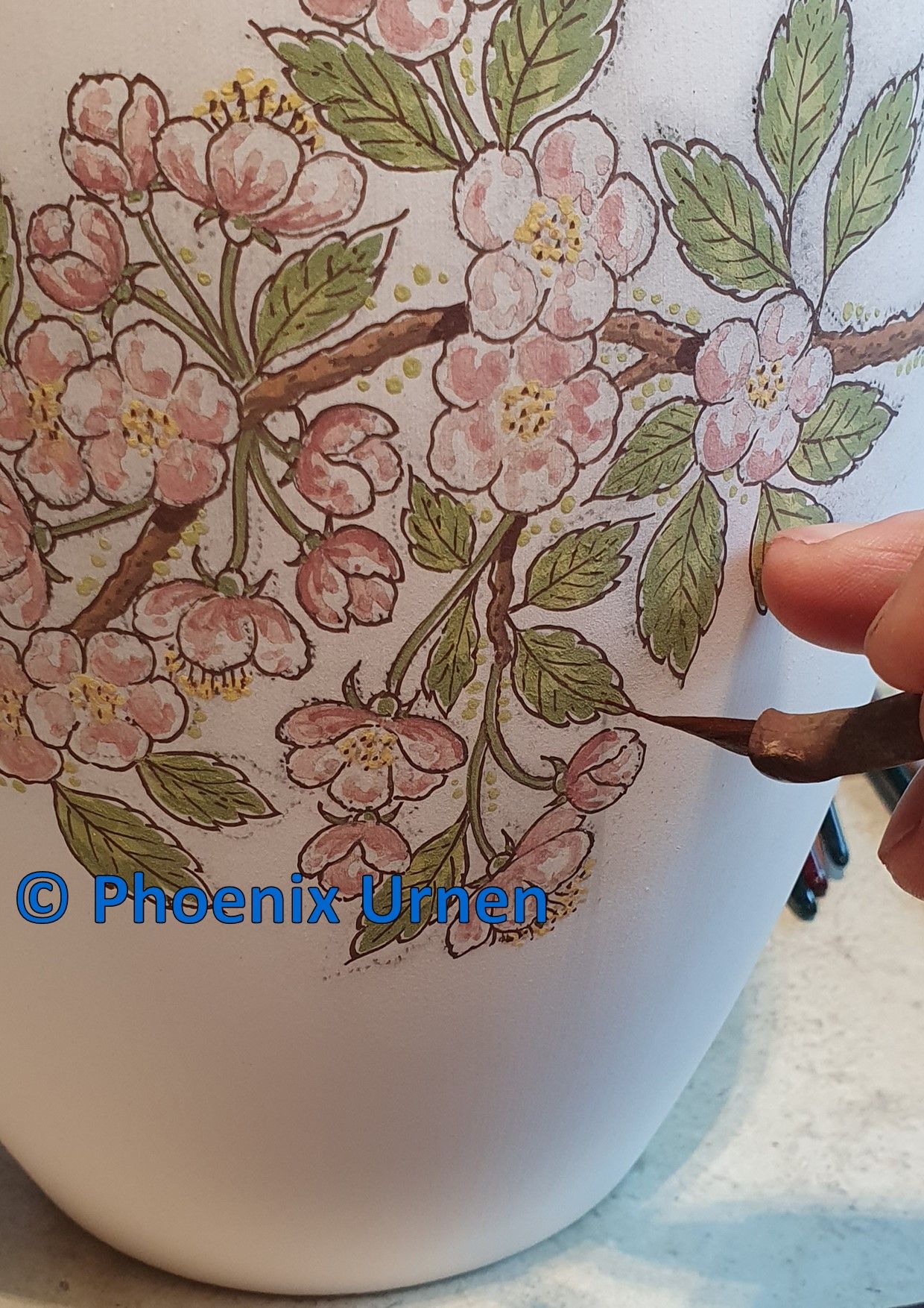 Painting process urn with Apple Blossom