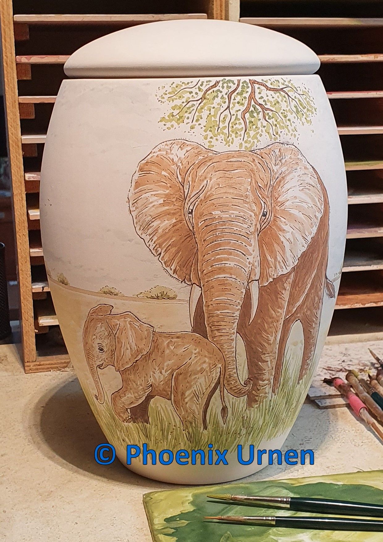 painting process Elephant with calf