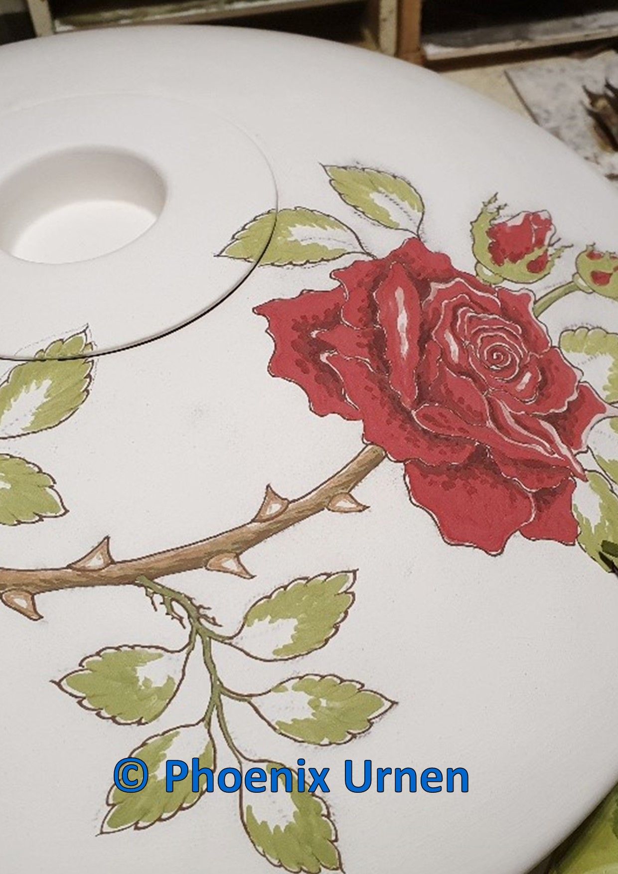 Painting process urn bowl Rose branch