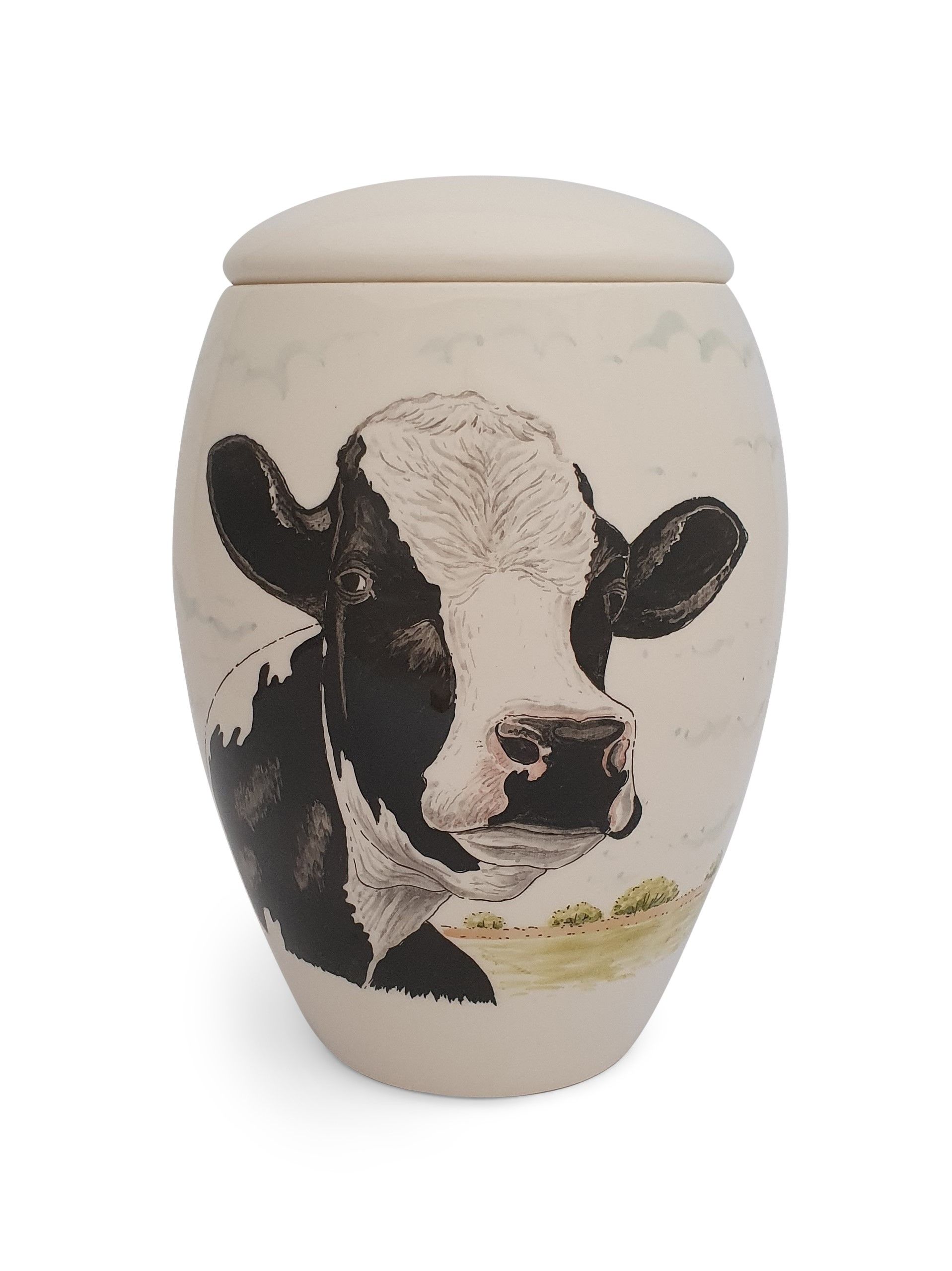 cremation urn cow in black & white hand painted