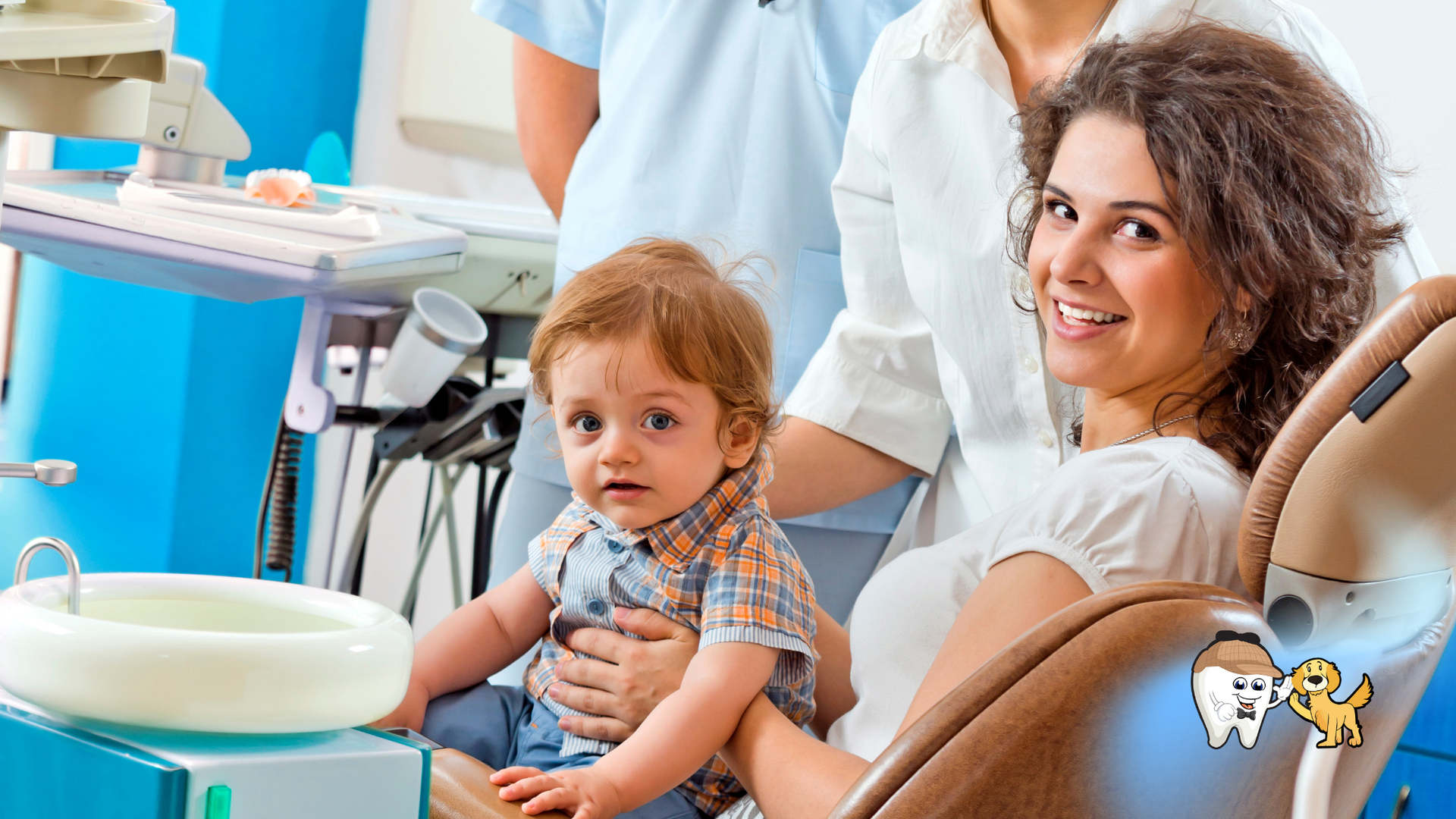 A woman is sitting in a dental chair holding a baby.