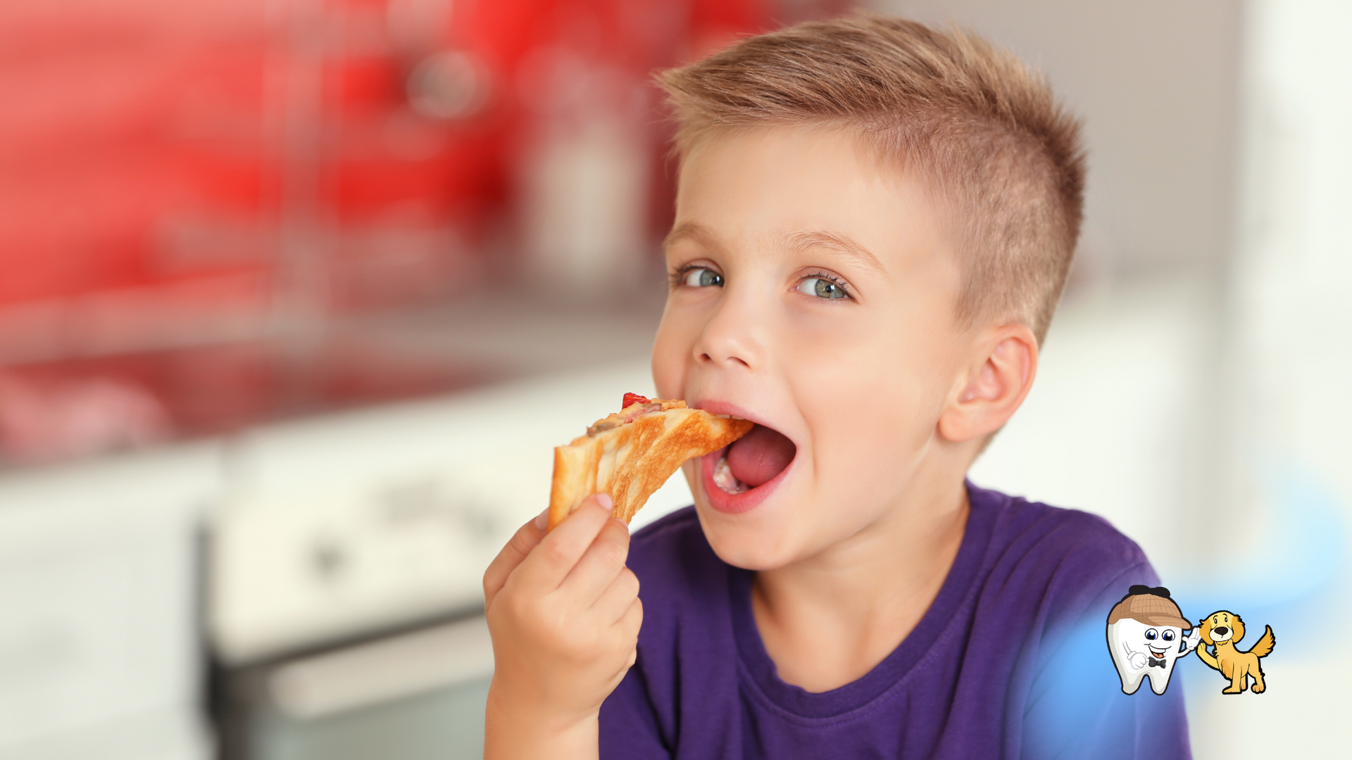 A young boy is eating a piece of pizza in a kitchen.