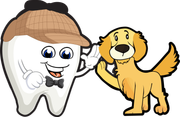 Cartoon tooth in a beanie smiling beside a happy yellow dog, both on a white background