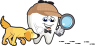 Cartoon tooth with a magnifying glass beside a yellow dog sniffing the ground