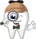 Cartoon tooth dressed as detective with magnifying glass, deerstalker hat, and bow tie, winking.