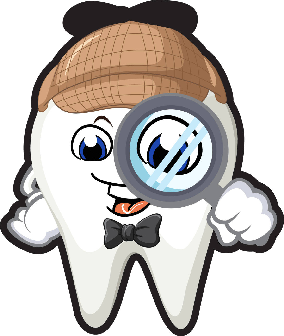 Cartoon tooth detective with magnifying glass, deerstalker hat, and bow tie, smiling against white background
