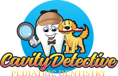 Cavity Detective Pediatric Dentistry logo with a tooth detective, dog, and magnifying glass