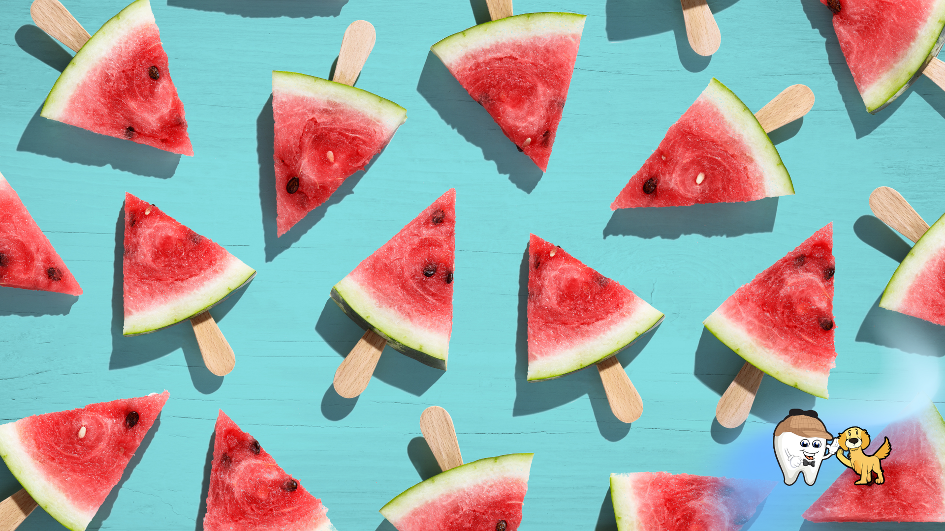 Watermelon slices scattered on a teal background, with tiny popsicle sticks and cartoon stickers.