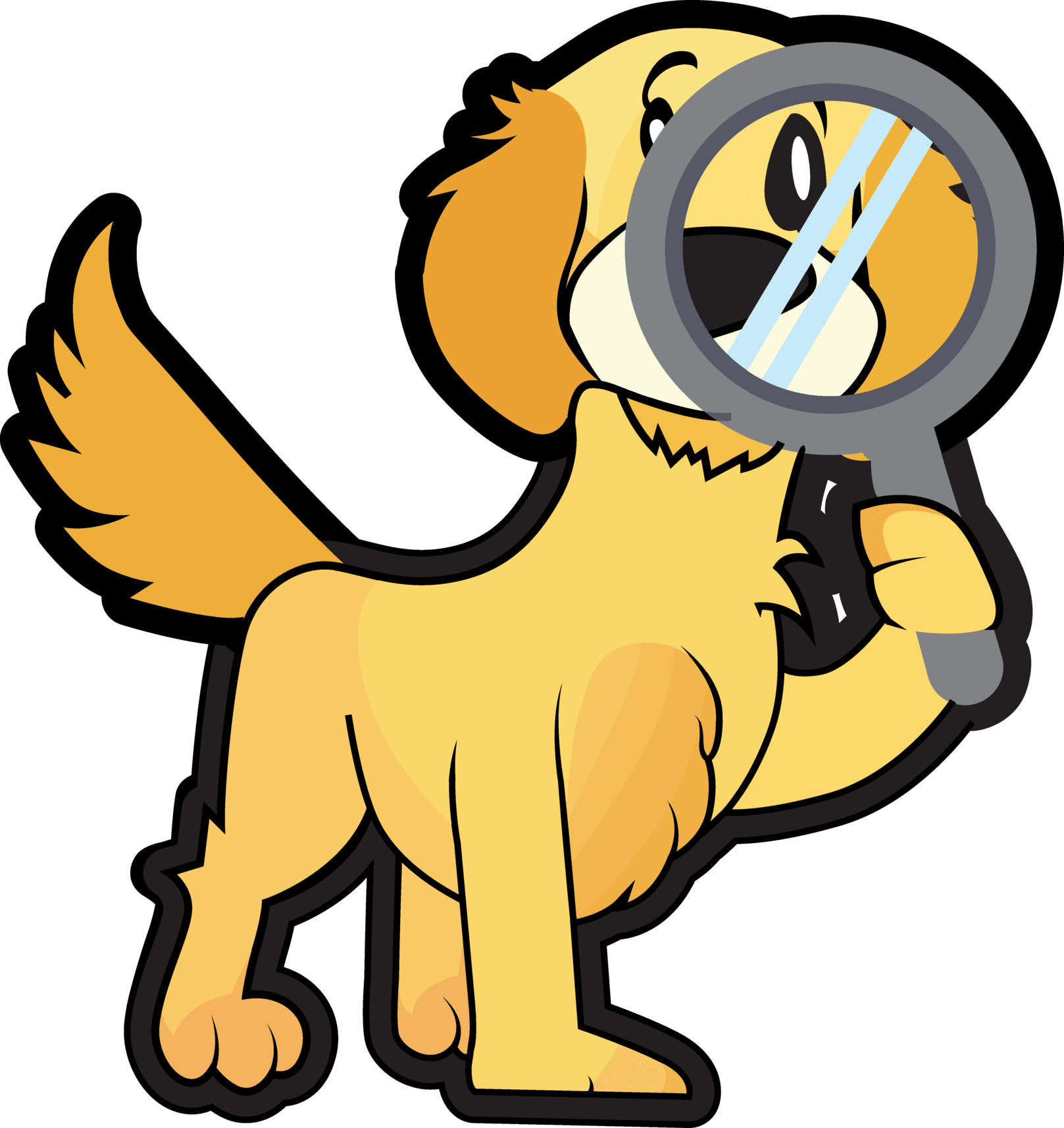 Yellow cartoon dog holding a magnifying glass over its face