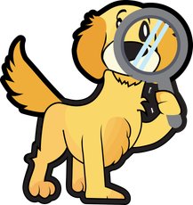 Yellow cartoon dog holding a magnifying glass over its face