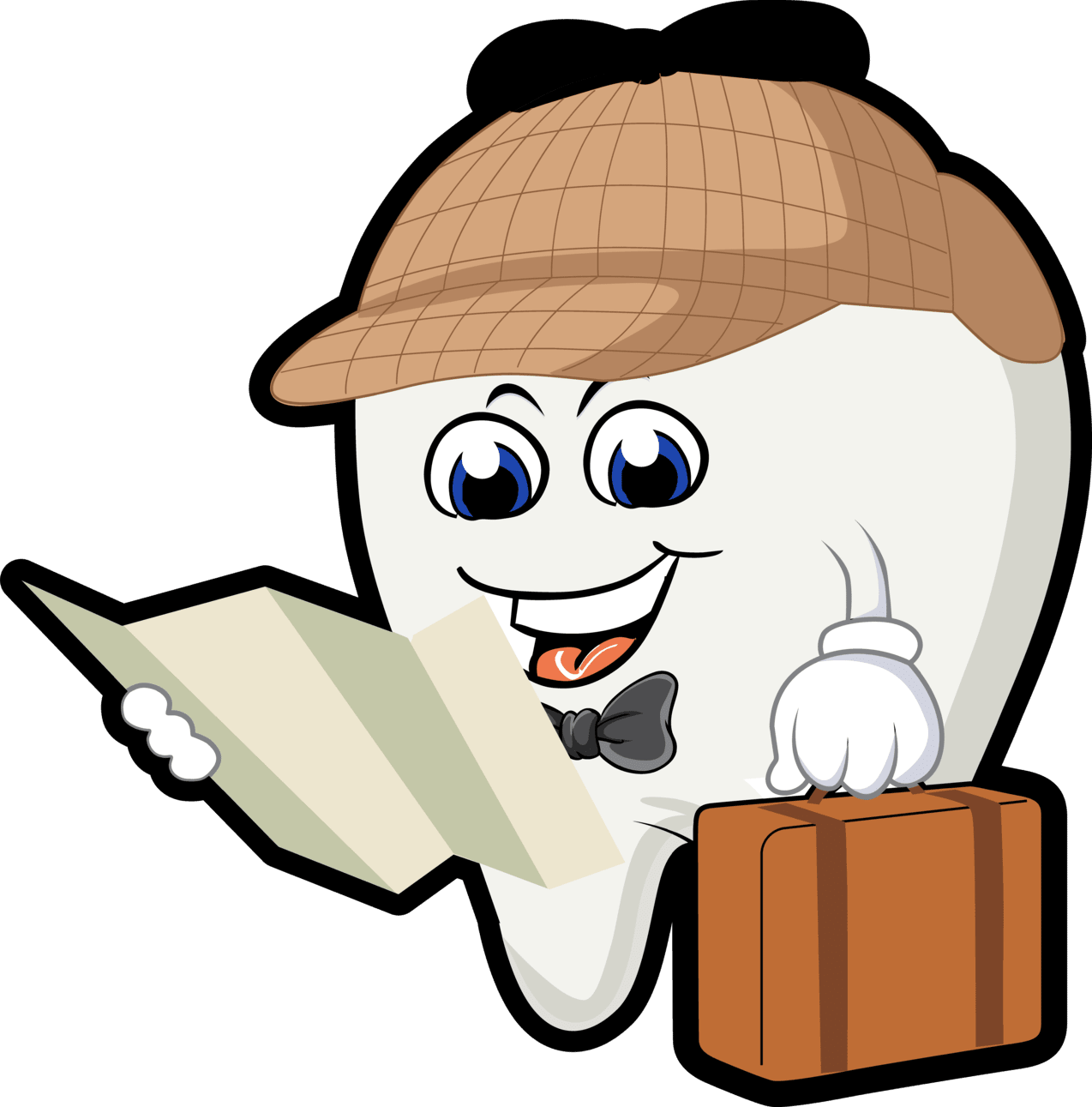 Cartoon egg detective reading a map, wearing a plaid deerstalker hat and holding a suitcase.