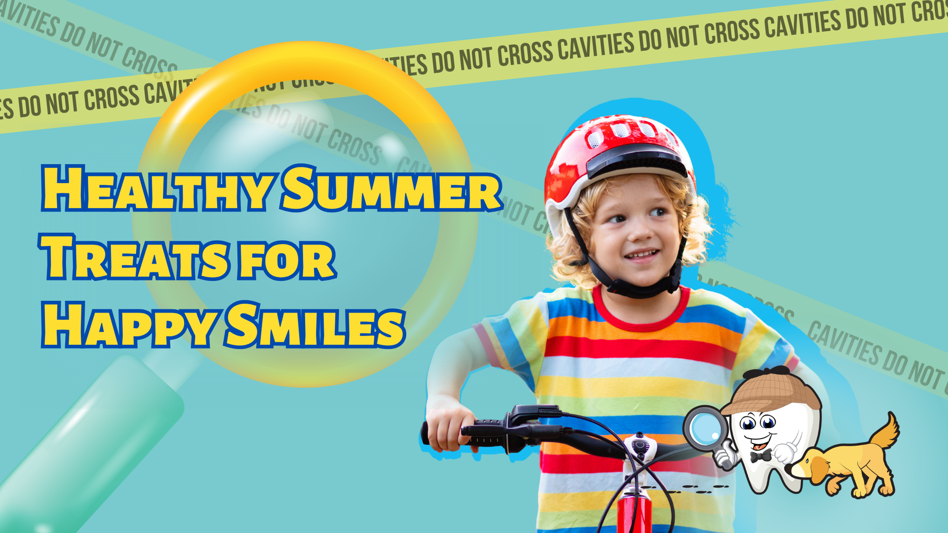 Healthy summer treats for happy smiles with child on bicycle and hot dog banner