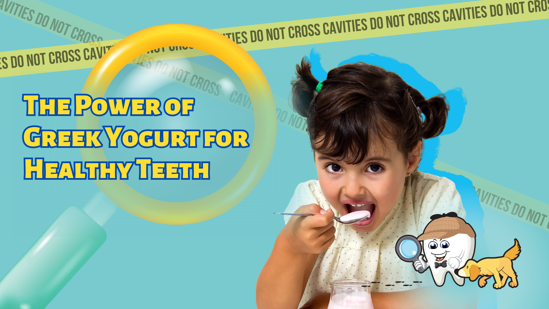 Girl brushing teeth with Greek yogurt ad text on a turquoise background