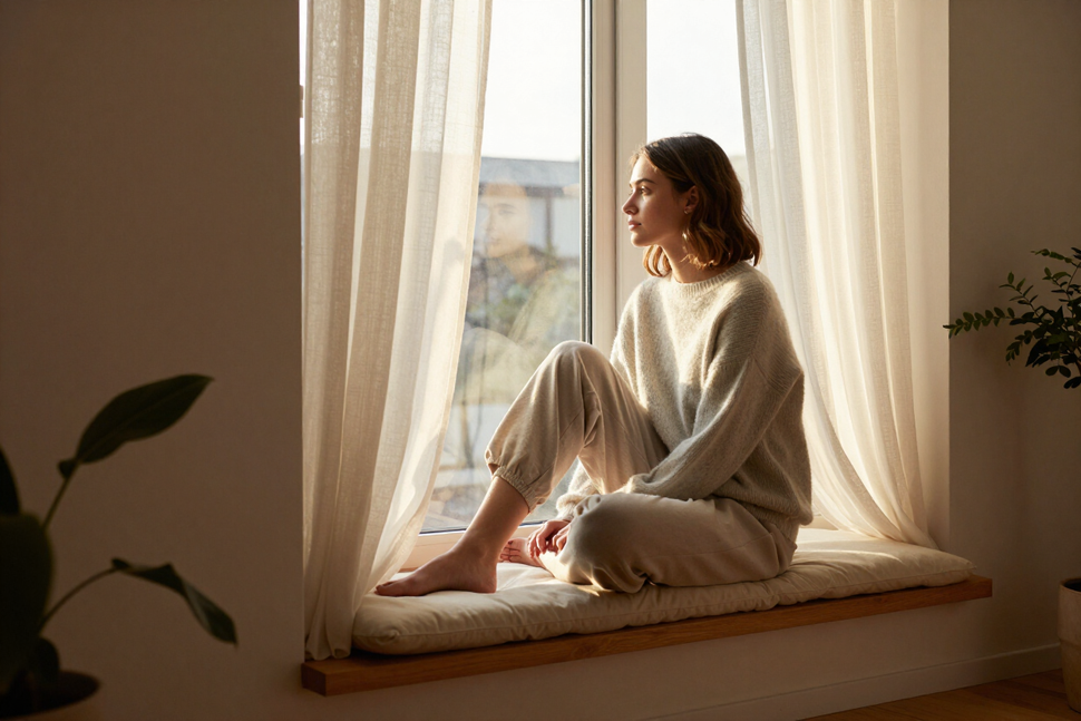 Warm cozy therapy-adjacent room with natural light and botanical elements