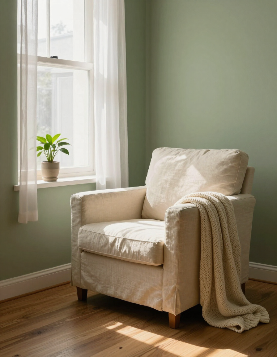 Softly lit therapy room with cream armchair and warm natural light