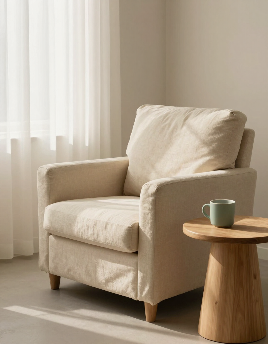 Warm therapy room with a linen armchair and gauze curtains in cream and sage tones